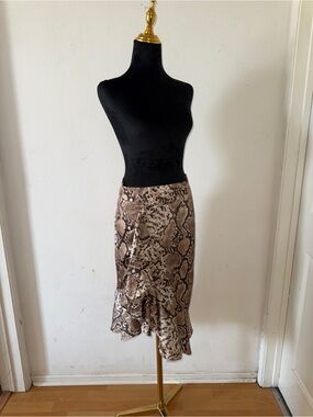 Nasty Gal Brown Snake-Print Midi Skirt with Ruffle Hem
